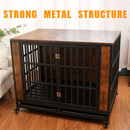Heavy Duty Dog Crate, Furniture Style Dog Crate For Large Dogs 42 Inch, Dog Kennel Furniture, Dog Cage Large Dogs Indoor With Lockable Wheels And Removable Trays By Zelecube, Rustic Brown #TOP3