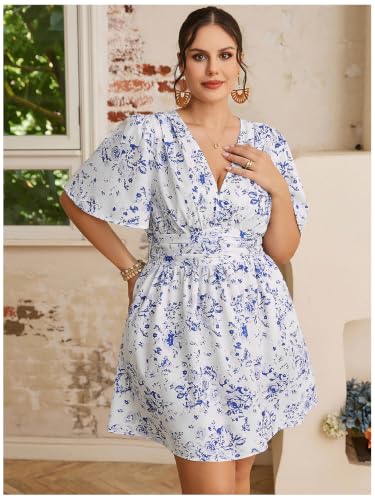 Image of Floerns Women's Plus Size Printed V Neck Short Sleeve Ruffle Hem Summer Short Dresses