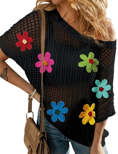 Ecosunny Womens Summer Crochet Tops Scoop Neck Short Sleeve Pullover Sweater Hollow Out Knit Tops Shirts Beach Cover Ups Black Flower S
