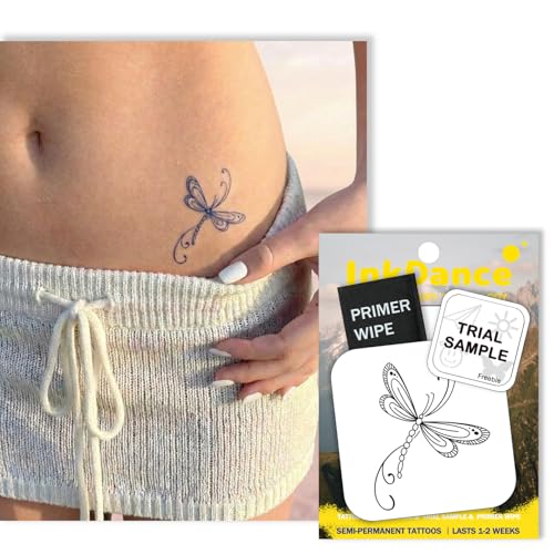 InkDance Semi-Permanent Tattoo, Dragonfly Line Art, Long Lasting Temporary Tattoos, Waterproof Plant-Based Ink, Lasts 1-2 Weeks, Color Develops in 24 Hours X203