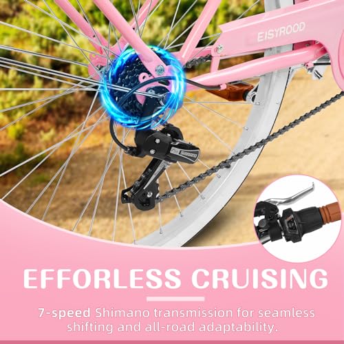 Bicicleta playera para mujeres de 26 pulgadas, 7 velocidades, frenos V, neumáticos antideslizantes y portaequipaje, asiento ajustable, marco ligero, conducción cómoda y suave, color rosa miniatura 3