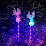 【GARDEN DECOR YARD ART】:Farbwechselnde LED-Perlen beleuchten eine lebendige Gartenlandschaft mit bunten Engeln. Nachts verwandelt sich das Sonnenlicht des Engels in sieben faszinierende Farben, darunter Rot, Orange, Gelb, Grün, Cyan, Blau, Lila und Rot.