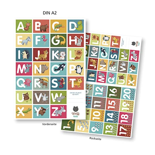 WOLFF KIDS Poster ABC pour enfants, apprendre les lettres avec des animaux, grand, éducatif, pour la maternelle, le jardin d'enfants ou l'école primaire, dimension : 42 x 59 cm