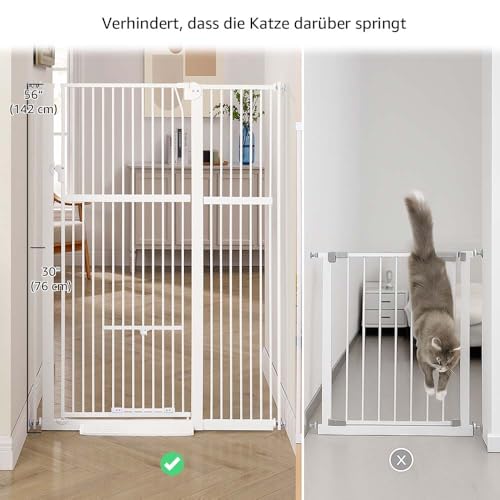 unipaws Hohes Katzengitter Tür, 142 cm hohes Hundegitter mit Katzentür, 95–105 cm breit, druckmontiertes hohes Haustiergitter für Treppen und Türen, Durchgangstür, Weiß