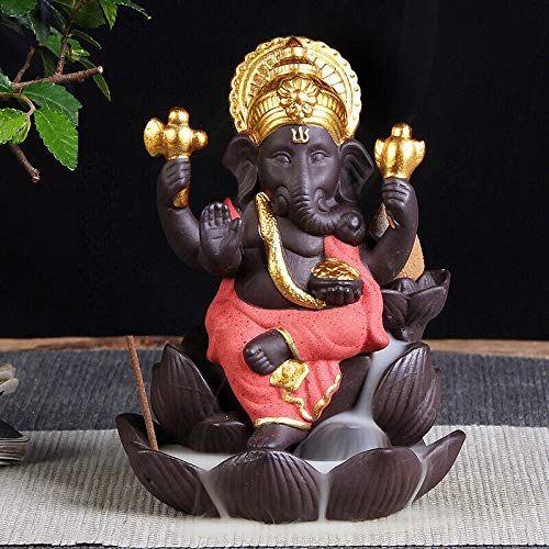 CRAFTAM Polyresin Lotus Ganesha Smoke Backflow Fountain Incense Cone Holder, Decorative Showpiece, Gift with Free 10 Smoke Backflow Scented Cone Incenses (Orange)