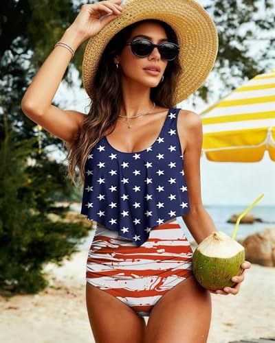 Image of Women High Waisted Bikini Swimsuit Flounce Vintage 2 Piece Bathing Suits