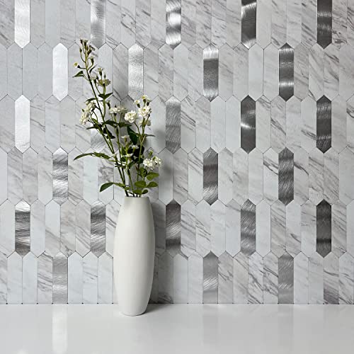 Dicofun 10-Sheet Trace Arrow Peel And Stick Backsplash Tile, Faux White Marble Look Picket Tile, Pvc Mixed Metal Stick On Backsplash Tiles For Kitchen #TOP2