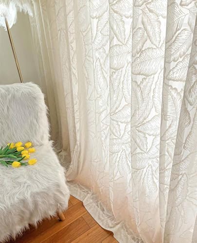 Voilage blanc jacquard haut de gamme 107x229cm avec broderie de feuilles de bananier en relief