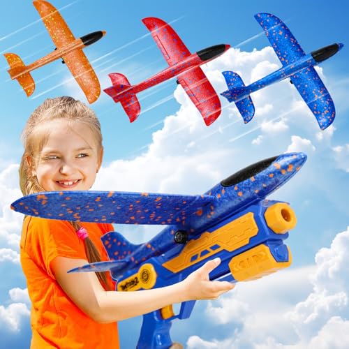IOUGDSEC Paquete de 3 aviones lanzador de juguetes kits de avión, catapulta deslizador de espuma, 2 modos de vuelo, volar, 3-12 años de edad niños niñas regalos de cumpleaños
