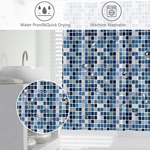 WONGS BEDDING Shower Curtain Blue Mosaic Pattern Shower Curtain Mould Proof Resistant Shower Curtain Waterproof Polyester Fabric Bathroom Curtain with Plastic Hook(180x180cm)