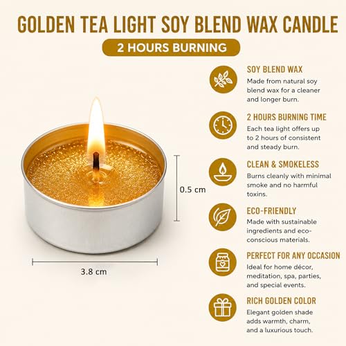 Image of Unscented Tea Light Candles | Soy Wax Blend Long-Lasting with Cotton Wick | Perfect for Home Decor, Parties, Weddings, and More | Set of 100 (Golden)