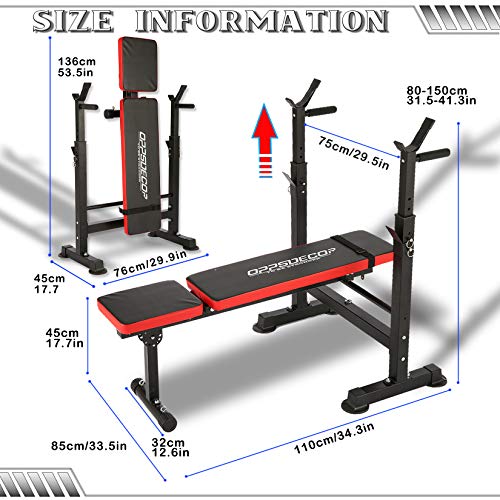 Adjustable Weight Bench Incline Seat Multi-Function Folding weight benches Fitness Workout Barbell Rack for Strength Training Home Gym (Red)