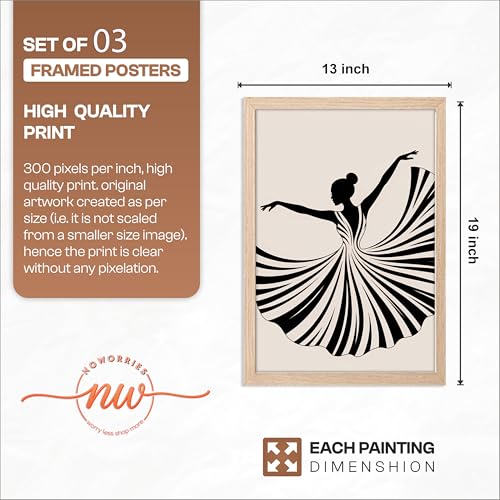 Image of NoWorries Minimalist Ballet Dancer Wall Art Framed Painting Set of 3 | Black & White Dance Silhouette Prints with Frame | inchWhere Words Fail, Dance Speaks inch Quote | Modern Aesthetic Ballet Decor Frames for Living Room, Bedroom and Studio, Framed Artwork Ready to Hang (Art-9, 13x19inch, Wooden)