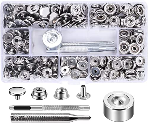 VUNKQU 300 Stück Druckknöpfe Metall Druckknopf Set 15mm Edelstahl Nähfreie Druckknöpfe Snap mit 3 Befestigungswerkzeugen Zange für Leder, Jacken, Jeans, Taschen (Silber) Cover