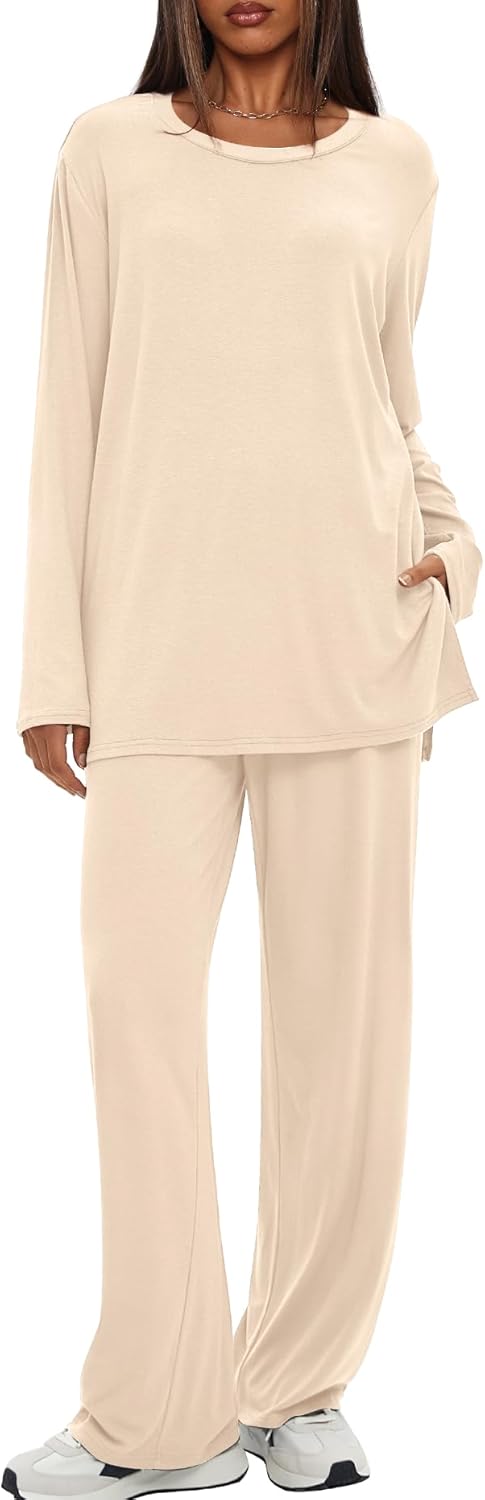 Darong Women's 2 Piece Lounge Set Casual Long Sleeve Crew Neck Tops Wide Leg Pants Travel Airport Outfit Matching Sets