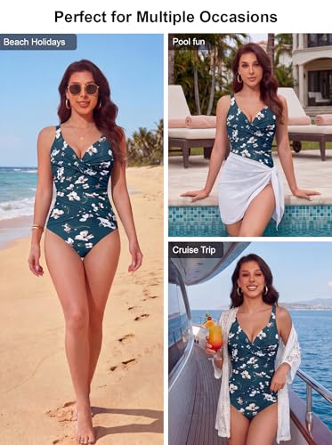 Image of Smismivo Tummy Control Swimsuits for Women Slimming One Piece Bathing Suit Retro Ruched Push Up Vintage Padded Swimwear