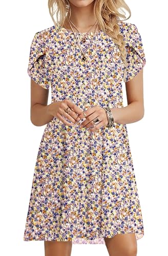 PLOKNRD Sommerkleid Damen Blütenblatt Ärmel T-Shirt Kleid Rundhals Blumenmuster Freizeitkleid Leicht und Luftig mit Taschen(Rosa Blumen,L