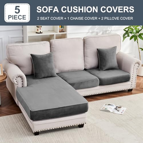 Image of Stretch Silver Fox Velvet Sectional Couch Covers - 3-Piece Sofa Cushion Covers for Left /Right L-Shaped Chaise, Soft and Comfortable Slipcovers for Sectional Sofa(2 Seater + 1 Chaise,Grey)