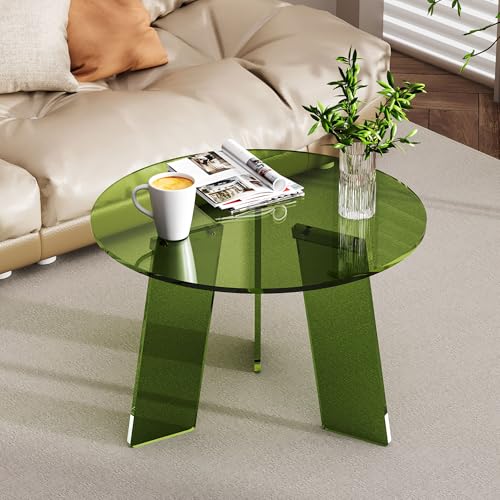 Dewrhiixe Acrylic Coffee Table Round, Clear Circle Modern Lucite Side Table Legs for Living Room, Bedroom, Office (Green, 23.6“ × 15.7”)
