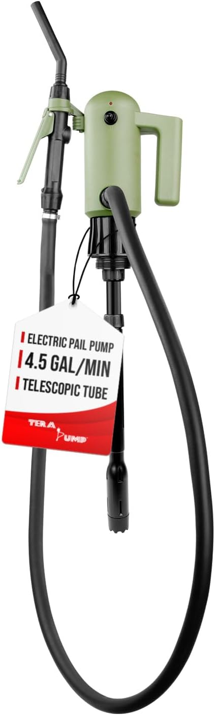 TERA PUMP TRPAIL Telescopic Wall Plug-In Pail Pump, Transfers 4.5 GPM, Electric Pail Bucket Pump For Engine Oil, Fuel, Agricultural Chemicals, Detergent, Water based Media