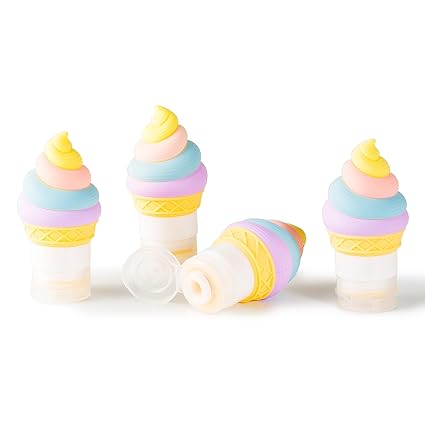 Qiuhome Salad Dressing Container to Go Mini Condiment Squeeze Bottle Sauce Containers for Lunch Box, Food-grade Silicone, 4-Pack, 2 FL OZ (Ice Cream Cones)