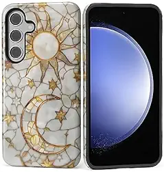 Capa para Samsung Galaxy S23 FE, capa rígida híbrida à prova de choque de silicone à prova de choque para Samsung Galaxy S23 FE branco texturizado linha sol lua padrão