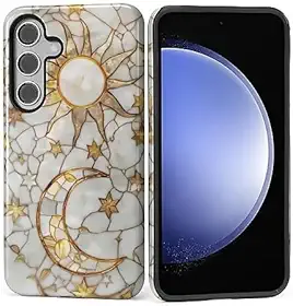 Capa para Samsung Galaxy S23 FE, capa rígida híbrida à prova de choque de silicone à prova de choque para Samsung Galaxy S23 FE branco texturizado linha sol lua padrão