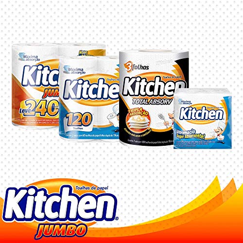 Papel Toalha Kitchen Jumbo Folha Dupla - Pack com 3 rolos de 180 unidades de 19x20 cm cada