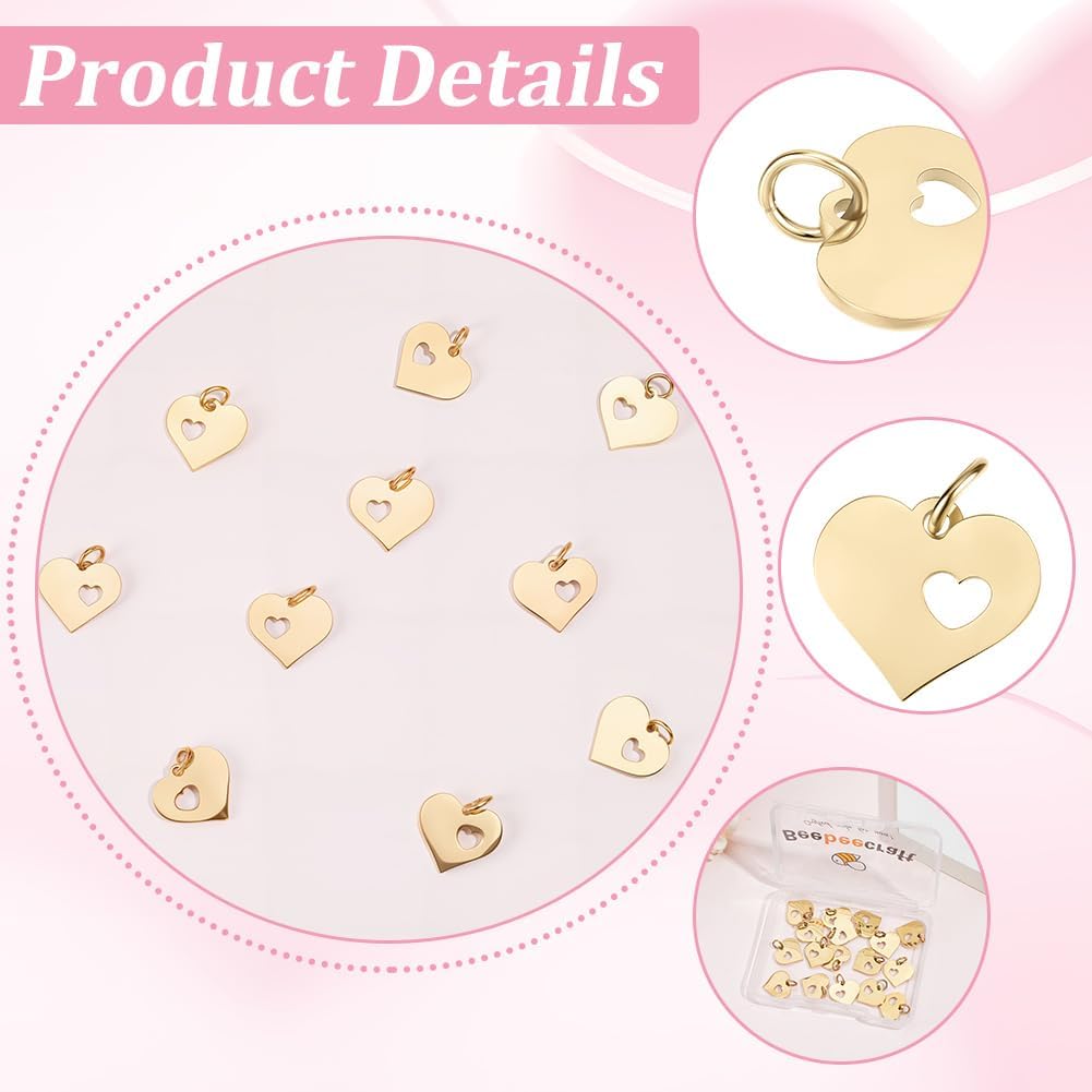 Beebeecraft 1 Box 24Pcs Heart Charms 18K Gold Plated 304 Stainless Steel Flat Heart with Hollow Love Charm for Jewelry Making DIY Crafts Bracelet Necklace Pendant Valentine - Image 6