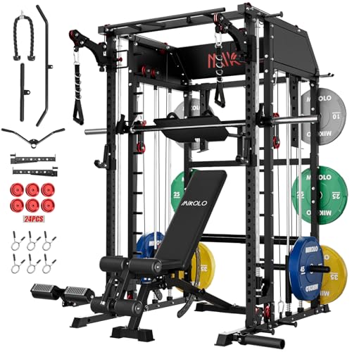 Image of Mikolo Smith Machine, Multi-Function Power Cage with Dual Pulley System, Vertical Leg Press Attachment, Squat Rack Power Rack with More Training Attachment for Home Gym