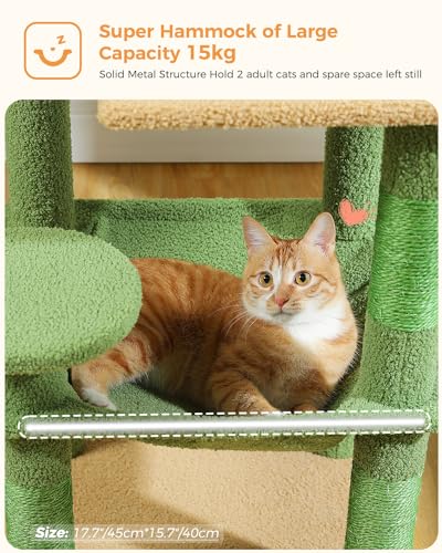 Image of MUTTROS Cactus Cat Tree for Indoor Cats, 45.7 inch Multi-Level Cat Tower with Large Metal Frame Hammock, Cat Condo with 4 Scratching Posts and Top Perch, Green