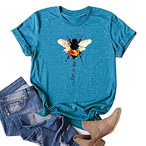 SONIGER_Tops Womens O Neck Short Sleeve Cute Bee Let It Print Casual Tops Tees Shirt Girls Tee for Summer