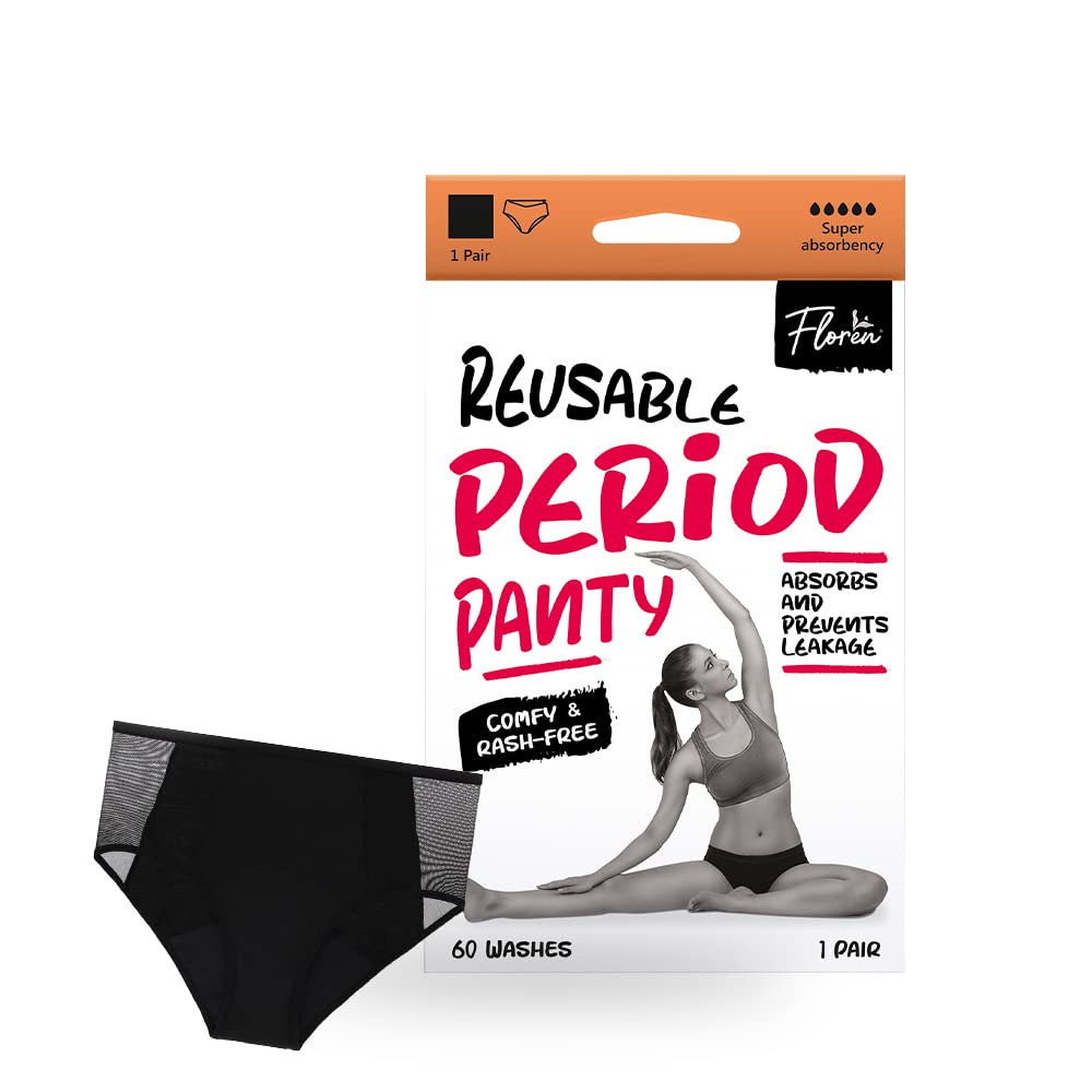 Floren Reusable Period Panty | Leakproof Period Panty | Wide coverage |Stain free period panty for women | No need for pads | Washable upto 60 times | (Black) (Large) Floren Reusable Period Panty | Leakproof Period Panty | Wide coverage |Stain free period panty for women | No need for pads | Washable upto 60 times | (Black) (Large)