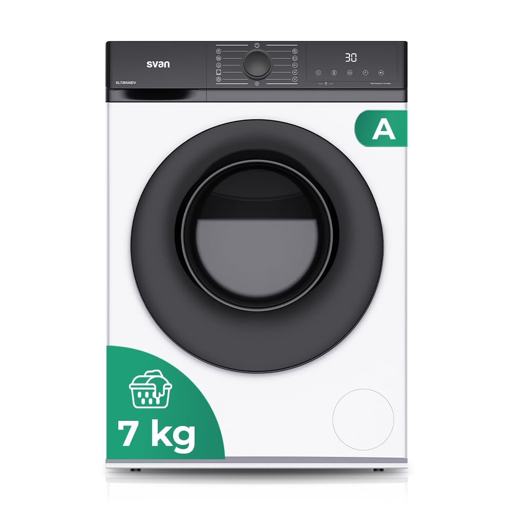 Svan Lavadora 7Kg Carga Frontal Blanco SL7205AIDV. 1600W, 1200rpm, Motor Inverter, 11 Programas, Función Stop&Go, Tambor Diamante, Clase de Eficiencia Energética A