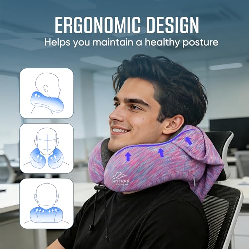 Image of SkytraxComf Travel Neck Pillow with Hood for Privacy on Long Flights | Memory Foam | Airplane Sleep | Safety-Tested Materials | Extra Large Hood | Chin Support | Earplugs | Washable Cover