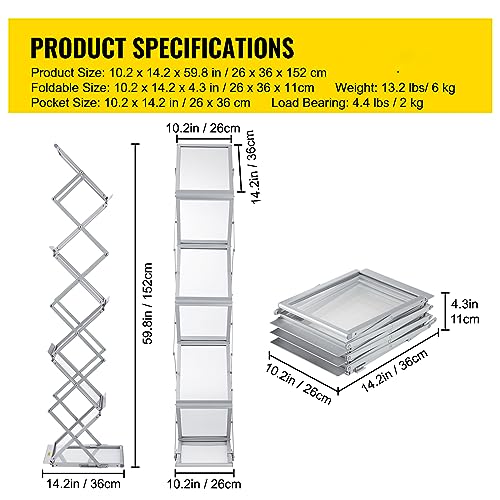 VEVOR Literaturständer, 6 Taschen, Pop-Up-Aluminium-Magazinständer, Leichter Kataloghalter, Ständer mit Tragetasche für Wohnzimmer, Hotel, Messe, Ausstellung, Büro