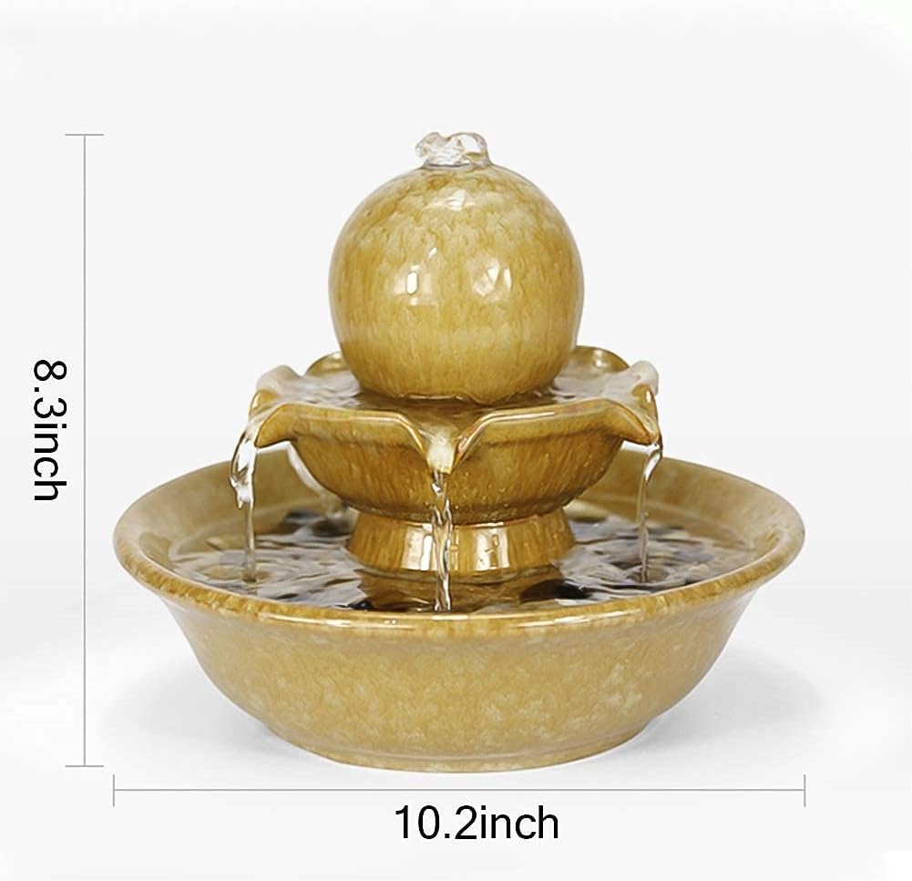 Indoor Fountain Water Feature,Good Luck Waterfall Tabletop Water Fountain,Water Fountain for Office and Home,Gifts Yellow 10.2inch