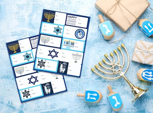 Iconikal 100-Count Hanukkah Self-Adhesive Gift Tag Labels, Menorah Dreidel Star of David Designs