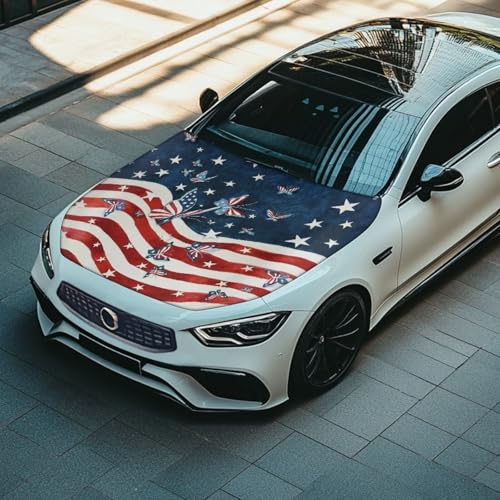Image of Car Hood Cover Stretch Polyester Fabric Cover American Flag Butterfly Car Hood Covers Protector Easy Installation Removable Automotive Accessories Suitable for Cars