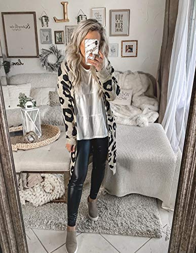 BTFBM Women Long Sleeve Open Front Leopard Knit Long Cardigan Casual Print Knitted Maxi Sweater Coat Outwear with Pockets (Khaki, Small)