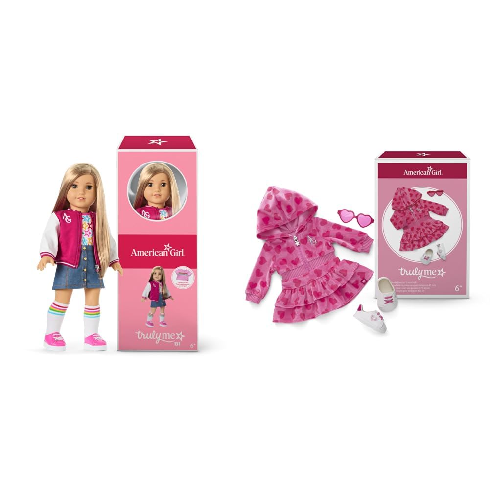 American Girl Truly Me 18-inch Doll #131 with Brown Eyes, Straight Blonde Hair, Light-to-Medium Skin + Pink Hearts Hoodie Dress with Sunglasses, For 18-inch Dolls, Ages 6+ Bundle