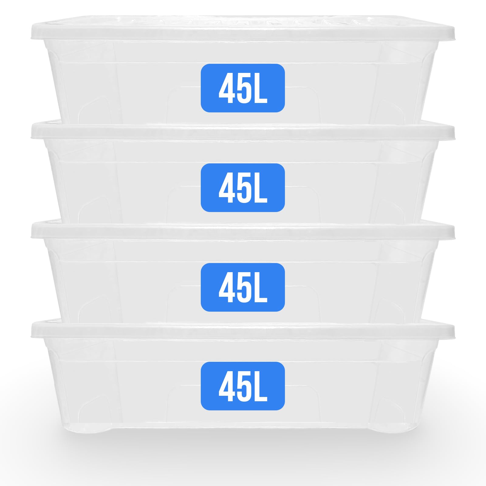 KAPCO Large Under Bed Storage – 4 x 45L Container with Lid | Deep, Flat Plastic Storage Boxes for Seasonal Clothing, Toys & Extra Bedding | Space-Efficient, Durable Plastic Underbed Tubs | 45 Litre