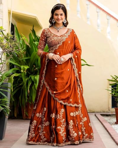 Image of piludi Women's Embroidered Lehenga Choli with Dupatta | Heavy Floral Zari Work Semi-Stitched Lehenga Set