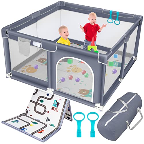 Image of Suposeu Baby Playpen, Play Pen with Mat for Toddlers, Portable Large Baby Fence Area with Anti-Slip Base, 50”×50” Baby Play Yard with Gate, Baby Fence (Gray)