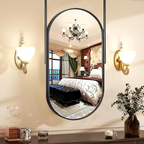 Miroir de salle de bain noir ovale 50x70 cm avec cadre en métal suspendu