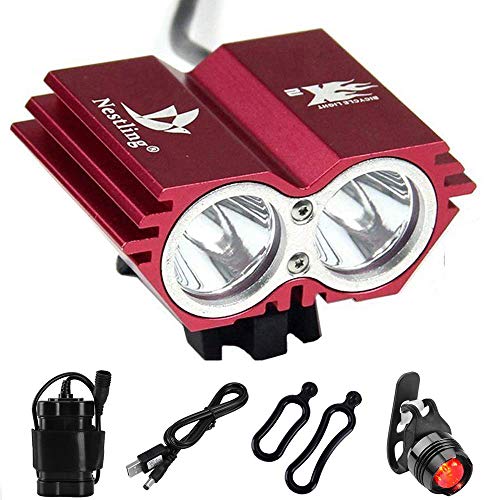 Nestlingu00ae Bike Lights Cree LED Mount Bicycle Lights Headlight Flashlight with Rechargeable 18650 Battery Pack and Rear Light (X2 Red)