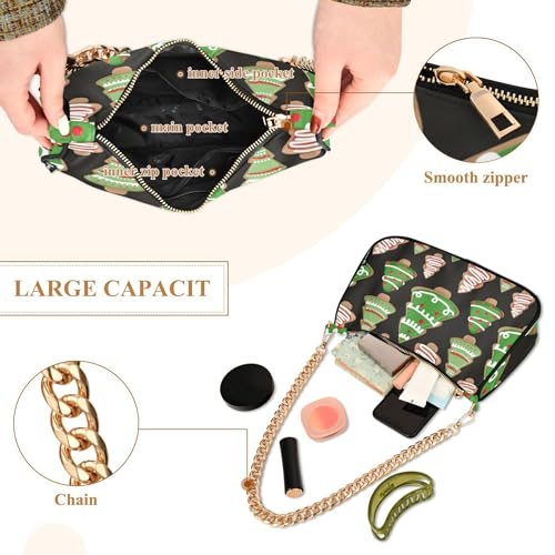 Christmas Tree Cookies Green Black Shoulder Handbag Aesthetic for Women Hobo Clutch Purse Chain Strap Zipper Phone Purse Cute4