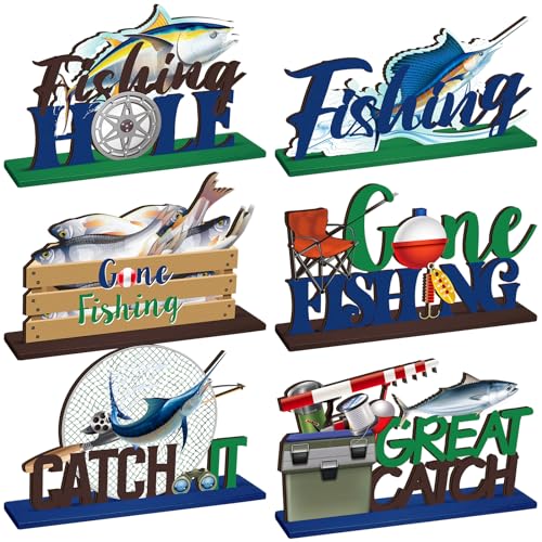 Threehoney 6 Sets Fishing Table Decor Summer 3D Fishing Table Decor Gone Fishing Party Wooden Fishing Theme Centerpieces Fisherman Friends Mas Party Decor for Birthday Baby Shower Party Decorations