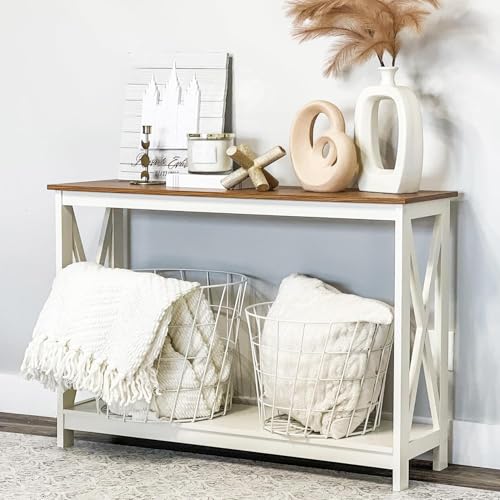 PHI VILLA White Entryway Table, Farmhouse Console Table Narrow Sofa Table Hallway, Ivory Skinny...