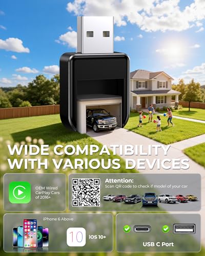 Image of Wireless Carplay Adapter for iPhone Upgrade, Tiny Bluetooth Receiver Convert Wired to Wireless for Apple Car Play Plug & Play, Zero-Lag Media GPS Works with 2016+ Cars (Ebony Black)